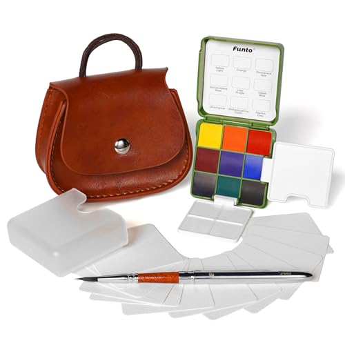 Funto Mini Watercolor Set Travel Kit with 9 Colors, Leather Bag & Watercolor Paper, Portable Drawing & Painting Supplies for Beginners, Art Gift Set - style: Full Set