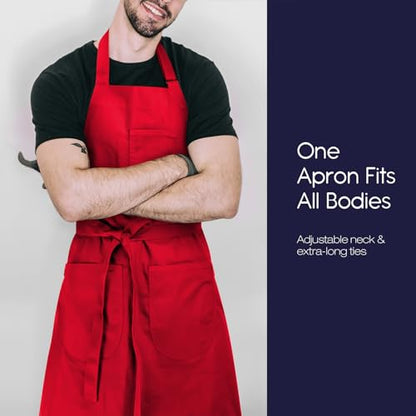 Unisex Apron with Pockets for Cooking, Salon & Art - 100% Cotton Adult Kitchen, Chef, Stylist Apron (Red) - color: Red