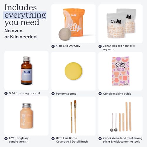 Sculpd Candle Making Kit, Air Dry Clay, 1 Candle, Basil & Citrus Fragrance | Includes acrylic paint set, non-toxic eco soy wax, candle glaze, tools & guide, for adults - color: Basil & Citrus, size: 1 Candle