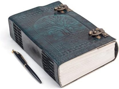 600 Pages Handmade Large Leather Journal Diary Embossed Tree of Life Book Of Shadows Notebook Writing Grimoire Sketchbook 7 x 10 Leather Bound (Green) - color: Green