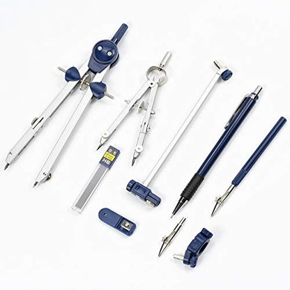 UNJOO 9Pc Geometry Set Metal Compass, Geometry Precision Tool (Blue) | Circle Drawing Tool and Architecture, Drafting Kits for Engineer with Shatterproof Storage Box