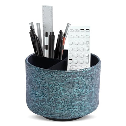 Round Leather Art Supply Organizer,Remote Control Holder,360 Degree Spinning,Multi-Functional Pencil Holder,4 Compartments Desktop Stationary Organizer(1-Carved Metal Green3) - color: 1-Carved Metal Green3