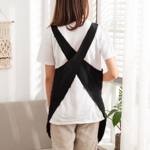 Cotton Cross Back Aprons Solid Color Cooking Kitchen Garden Smock for Women Girls with Pockets - color: Black