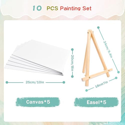 5 Pack 8x10 Canvas Boards with Easels for Painting, Sip and Paint Party Kit | Includes 10 primed canvas panels & 10 pine easels. Acrylic, oil & watercolor kit for adults,ideal for party & group painting