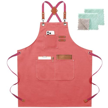 ZOMAO Chef Apron for Women Men with Large Pockets, Cotton Canvas Cross Back Waterproof Work Aprons for Kitchen Cooking Bib - color: Pink