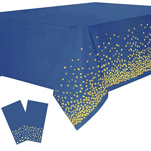 Yancorp 2 Pack Plastic Tablecloth Disposable Navy Blue Gold Tablecloth for Rectangle Tables 54" x 108" Party Decorations Birthday Thanksgiving Christmas Wedding Outdoor BBQ Picnic - color: Dark Blue, size: 2 Pack