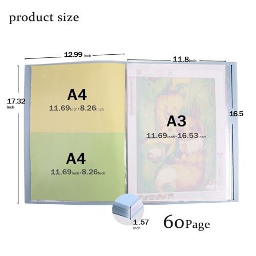 Qunrwe A3 Diamond Painting Storage Book,Blue 60 Pages Art Portfolios Case - color: Blue-60 Sleeves