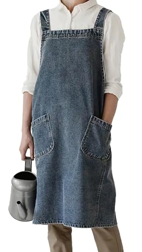 Denim Apron with Large Pockets for Cooking Kitchens, Gardening Aprons for Women Men, Bib Jean Apron for Arts Cafe Work (Style B, Deep Blue) - color: Style B - Deep Blue