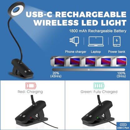 CUHIOY Rechargeable Clip on Reading Light for Bed Headboard, Black, 1 Pack - color: Black