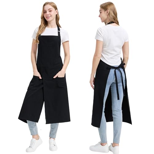 Molaxhome Split Pottery Apron with 3 Pockets Unisex with Adjustable Strap | Cotton Blend,Kitchen Apron,for Ceramics,Gardening,Kitchen Cooking - color: Black