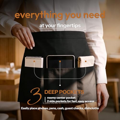 White Classic 3 Pack - Black Server Waist Aprons with 3 Pockets, Waitress Half Apron - color: Black Waist Apron - 3 Pack