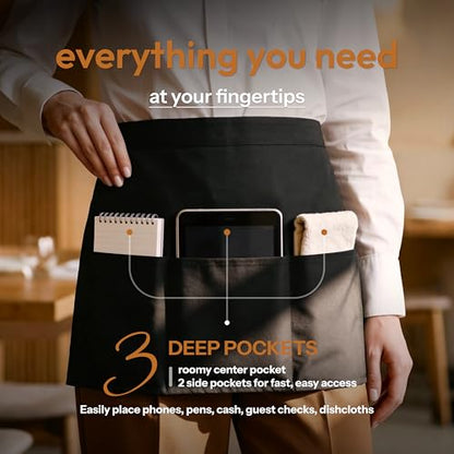 White Classic 3 Pack - Black Server Waist Aprons with 3 Pockets, Waitress Half Apron - color: Black Waist Apron - 3 Pack