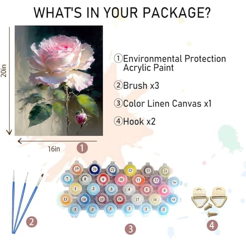 xackcme Rose Paint by Numbers for Adults, Flower Paint by Number on Canvas | DIY Floral Oil Painting for Gift Home Wall Decor, Without Frame (16x20 inch) - color: MT12365