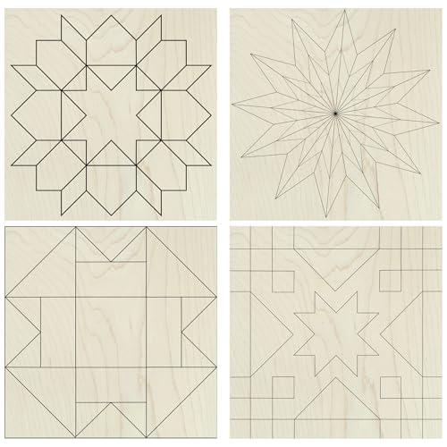 6" Barn Quilt Kit Set 4 | Starburst, Aesthetic Tri, Cottage Star, Swoon | Unfinished wooden quilt blocks for DIY farmhouse wall art, craft parties, quilting decor, family craft projects. - size: 6 inches (set of 4), style: Starburst, Aesthetic Triangles,