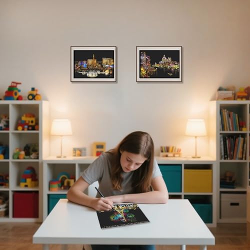 10-Board Scratch Art Book for Adults, Rainbow Cityscape Kit with Tools | Scratch art tools reveal 10 rainbow cityscapes for screen-free tabletop entertainment at home, during travel or with friends. - color: Travel Landmarks A