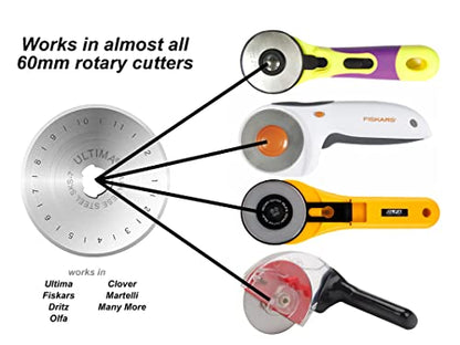 Ultima 60mm Rotary Cutter Blades – 10 Blades Per Pack – Fits Most Rotary Cutters Including Fiskars, Olfa, Martelli and TrueCut – Cuts Quilting Fabric, Leather, and More - size: 60mm