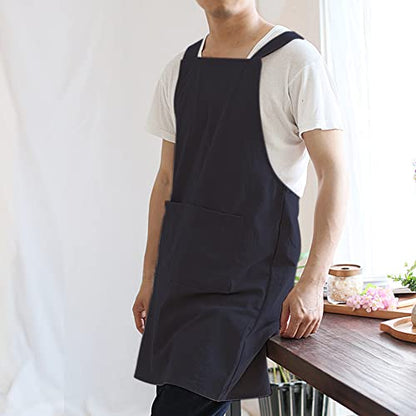 NEWGEM Japanese Cotton Linen Cross Back Cooking Apron for Women Men with Pockets Cute for Baking Kitchen - color: 13 - Men's Navy