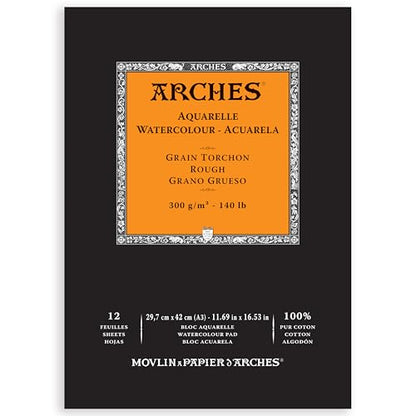 Arches Aquarelle Watercolor Pad, Rough, 140lb/300gsm, 12 Sheet, 11.69x16.53 inch, Arches Watercolor Paper 100% Cotton - size: 11.69"x16.53", style: Rough