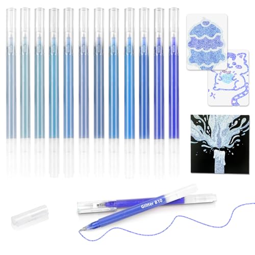 12 Blue Glitter Gel Pens Set, 1.0 mm Fine Point for Black Paper & White Paper, Large Capacity Pens for Journaling, Adult Coloring Books, Drawing, Note Taking, Highlighting - color: blue
