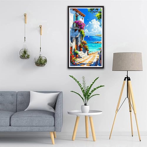 ARTGOTO Mediterranean Diamond Painting Kit for Adults 15.7 x 27.5 Inch | Large 5D Full Square Drill Diamond Art Kit, Ocean View DIY Gem Art Canvas with 2 Tool Sets, 30% Extra Diamonds - color: AGT012