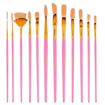 Transon Artist Paint Brush Set of 12 for Acrylic Watercolor Gouache Oil Craft Painting Pink - color: 12 Pcs Pink