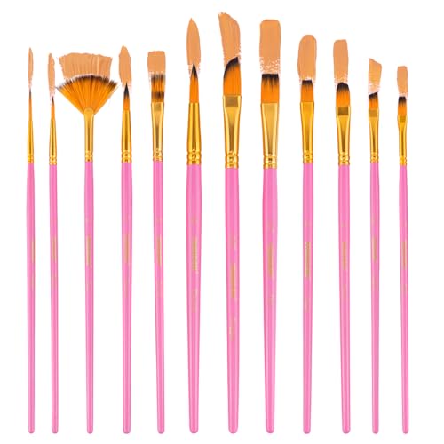Transon Artist Paint Brush Set of 12 for Acrylic Watercolor Gouache Oil Craft Painting Pink - color: 12 Pcs Pink