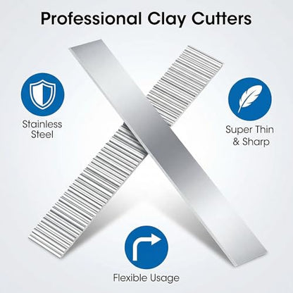 Polymer Clay Cutters - Premium Stainless Steel Clay Cutting Tools Set with 2 Straight Tissue Blades for Polymer Clay, 3 Curved Wave Blades, Professional Clay Slicing Tool Kit -Protect Fingers - size: 5