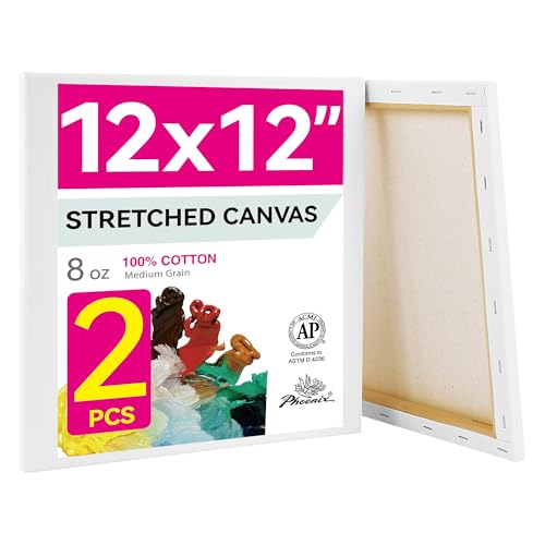 PHOENIX 12x12 Inch Pack of 2 Canvas - 8 Oz Triple Primed 5/8 Inch Profile 100% Cotton White Blank Canvas, Square Framed Canvas for Oil Acrylic & Pouring Art - size: 12"x12", style: Studio 2 Pack Set