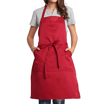 BIGHAS Adjustable Bib Apron with Long Ties for Women Men 18 Colors Chef Kitchen Cooking - color: Wine Red