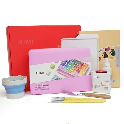 HIMI Deluxe 24 Colors Jelly Gouache Paint Gift Set – Complete Art Kit with Pad, Spray, Palette, Brushes, Painting Knife, Foldable Bucket & Refills for Beginners, Students & Artists - color: 24 Colors