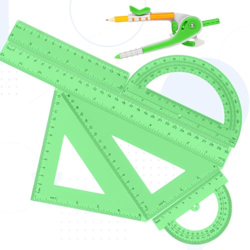 Zonon 1 Set Plastic Geometry Math Set 7 Pcs Includes 6'' / 4 '' Protractor, Drawing Compass, 45/60 Degree Triangle Rulers, 12'' / 6'' Math Ruler Transparent for Office Supplies(Green) - color: Green