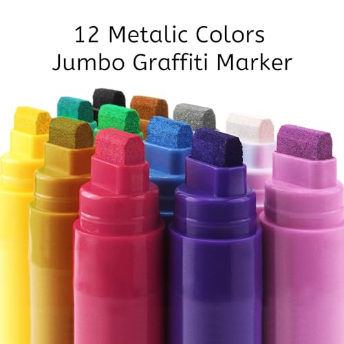 BIGTHUMB Jumbo Graffiti Poster Markers Set: 12 Metallic Colors Large 15mm Wide Tip Permanent Ink Thick Acrylic Paint Pens for Rock Painting, Stone, Glass, Wood, Ceramic, Metal, Plastic, Fabric - color: Metallic