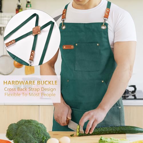 Aoomzoon Canvas Aprons for Men Chef Apron, Work Apron with Large Pockets - 16oz Heavy Duty Cross Back, BBQ, Cooking - color: Green