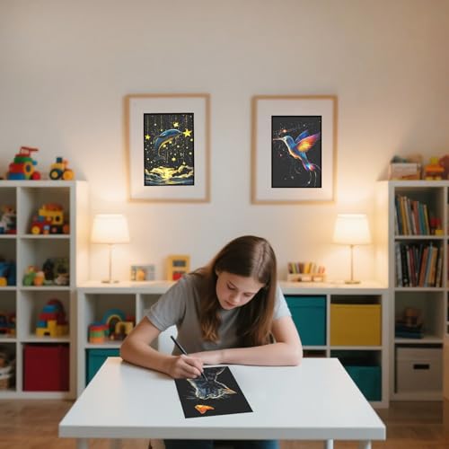 Glow in The Dark Scratch Art Kit - 8 Sheet Rainbow Scratchboards(A5) | Creative Engraving Craft Supplies for Teens & Adults | DIY Projects & Sketching Activity | ASMR Stress-Relieving Gift (Animals) - color: Animal