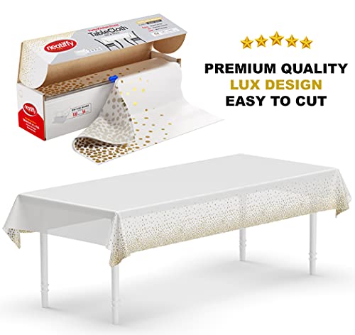 Neatiffy Disposable Plastic Table Cloth Roll with Slide Cutter | Waterproof Cover for Rectangle, Square, Oval Tables | Picnic, Party, Banquet, Birthdays, Weddings - White Gold Dots - color: White Golden Dot, size: 54 inches X 100 feet