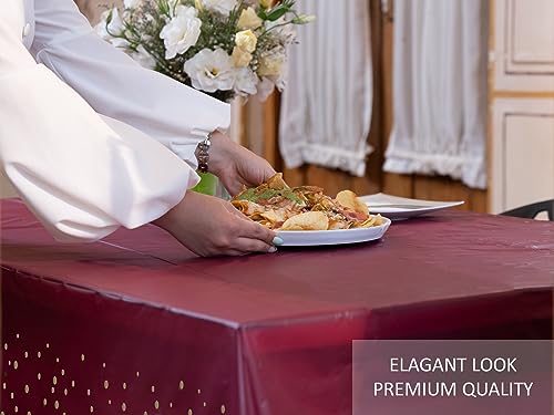 Neatiffy Disposable Plastic Table Cloth Roll with Slide Cutter | Waterproof Cover for Rectangle, Square, Oval Tables | Picnic, Party, Banquet, Birthdays, Weddings - Burgundy Gold Dots - color: Burgundy Gold Dots, size: 54 inches X 100 feet