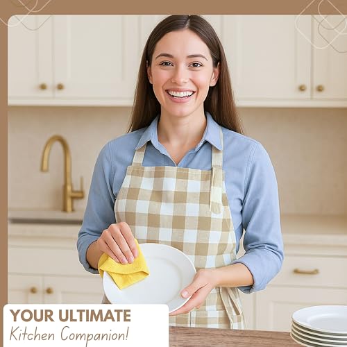 Native Fab Kitchen Apron 2 Pack - 100% Cotton Adjustable, Durable Apron with Pockets, Perfect for Cooking, Baking, Grilling - color: Buffalo, Beige