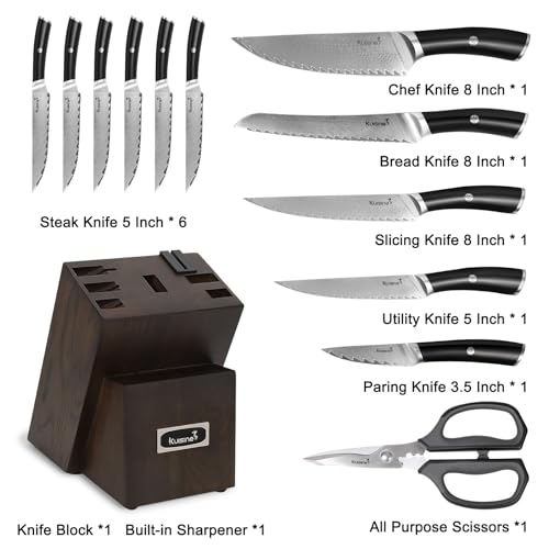 KUISINE 14-Piece Damascus Knife Set with Block, Ultra Sharp | Ergonomic Non-slip Handle Chef Knife Set with Built-in Sharpener, Dishwasher Safe, Luxury Gift for Holiday - color: Silver, size: 14 pieces