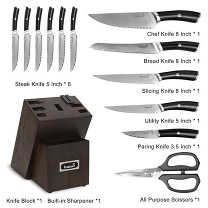 KUISINE 14-Piece Damascus Knife Set with Block, Ultra Sharp | Ergonomic Non-slip Handle Chef Knife Set with Built-in Sharpener, Dishwasher Safe, Luxury Gift for Holiday - color: Silver, size: 14 pieces