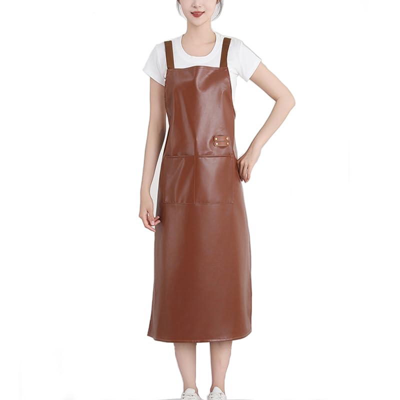 Waterproof Apron Large Pocket PU Material Waterproof Oil-proof Dust-proof Apron Black and Red - color: Brown（long）