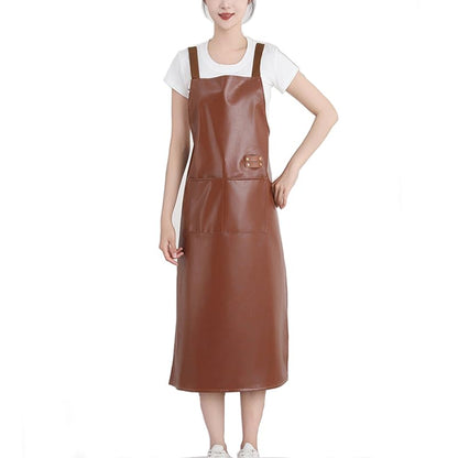 Waterproof Apron Large Pocket PU Material Waterproof Oil-proof Dust-proof Apron Black and Red - color: Brown（long）