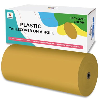 54IN X 320FT Plastic Table Cover Roll with Cutter Box, Cut to Size Plastic Table Cloths for Parties, Birthday, (Gold, 54"x3840"(Rectangular)) - color: Gold, size: 3840" x 54" (Rectangular)
