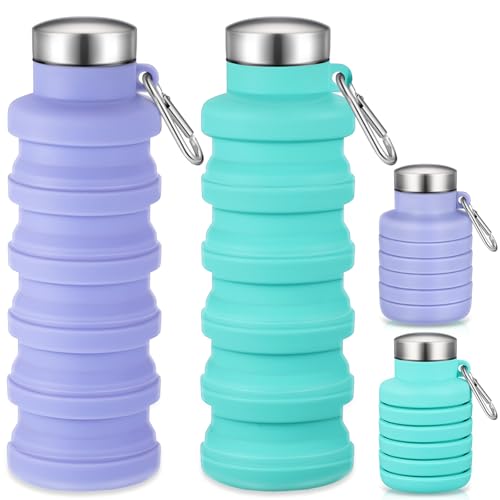 Baderke 2 Pcs Collapsible Water Bottles 17oz Silicone Travel Foldable Portable Water Bottle with Buckle Silicone Lightweight Reusable Leakproof for Camping Hiking Cycling Sport(Green, Purple) - color: Green, Purple