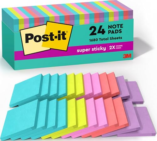 Post-it Super Sticky Notes, 3 x 3 in, Supernova Neons, 24 Pads | School Supplies and Oﬃce Supplies, 2X the Sticking Power - size: 24 Pads – 70 Sheets Each