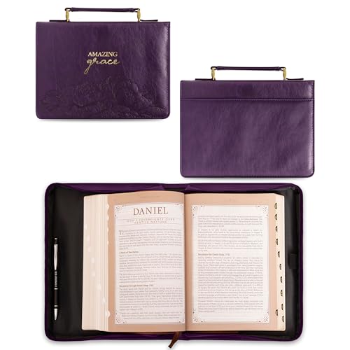 Christian Art Gifts Women's Fashion Bible Cover Amazing Grace, Purple/Gold Floral Faux Leather, Large