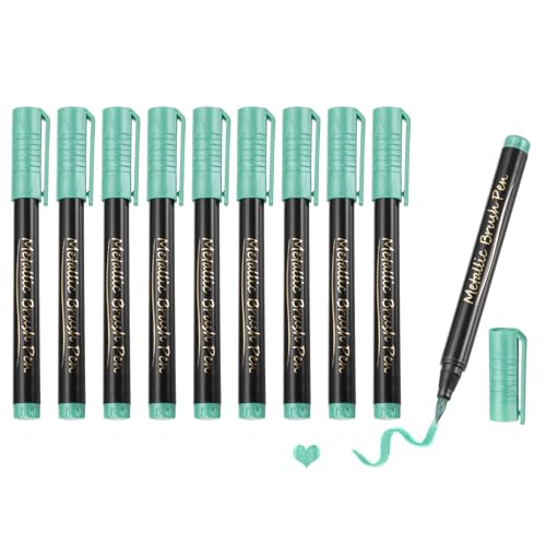 MECCANIXITY 10 Pcs Metallic Marker Pens Metallic Paint Brush Markers Medium Tips Mark Pens for Scrapbooking Glass Rock Painting Cards Photo Albums Ceramics DIY Artwork(Green) - color: Green