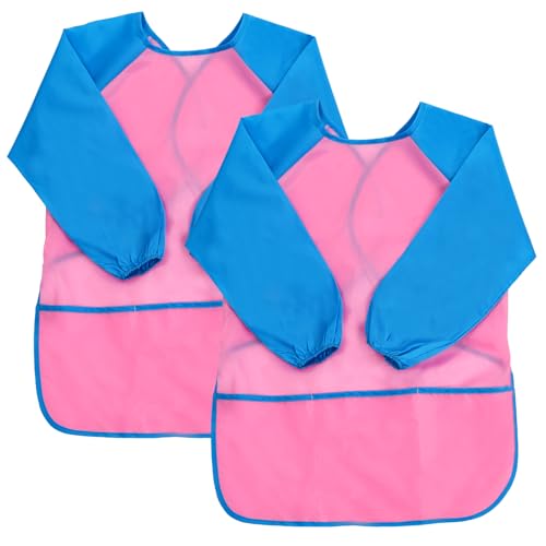 2 Pack Kids Art Smock Waterproof with Long Sleeve and 3 Roomy Pockets Artist Children Aprons for Toddlers Age 3-8 Painting Crafts（Pink） - color: 2 Pack Pink