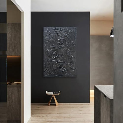 NANKAI Art Hand-Painted Black Rose Texture Abstract Art Oil Painting, Modern Style Abstract Wall Decoration, Three-Dimensional Simple Black Flower Texture Relief, Vertical Painting 36x24 inches - color: Nkhb376