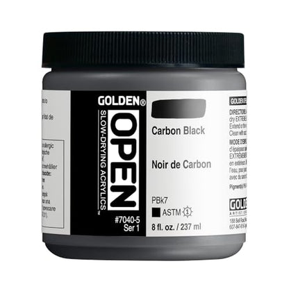 GOLDEN OPEN Slow-Drying Acrylics, Carbon Black, 8 fl. oz. Jar | Artist grade acrylic paint with extended working time for blending, glazing, and traditional painting techniques.