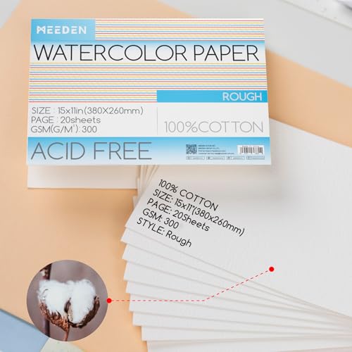 MEEDEN Cotton Watercolor Paper Block: 15" x 10" Rough Grain of 20 Sheets | 140lb/300gsm 100% Cotton Watercolor Paper Pad, Acid-free Art Paper for Painting, Drawing, Watercolor, Gouache, Ink and More - color: Rough Grain, size: 10×15"